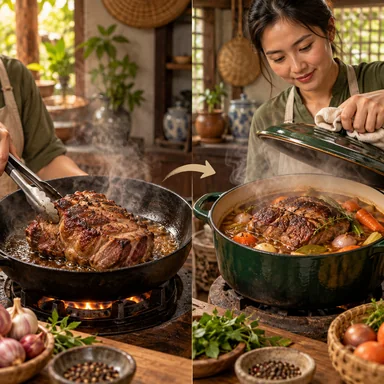 braise: 焼きつけてから弱火で煮込む
