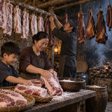 cure meat: 塩や燻煙で肉を保たせる