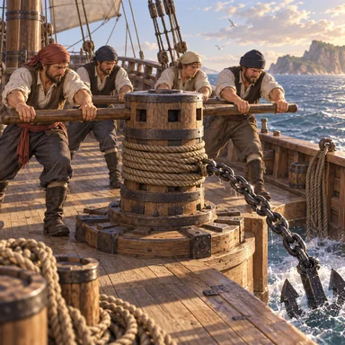 capstan: 錨の綱を巻き上げる回転軸